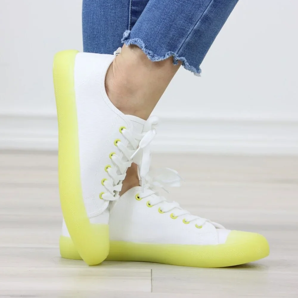 White & Neon Canvas Fabric Fashion Comfort Low Top Sneakers Shoes - Picture 1 of 14